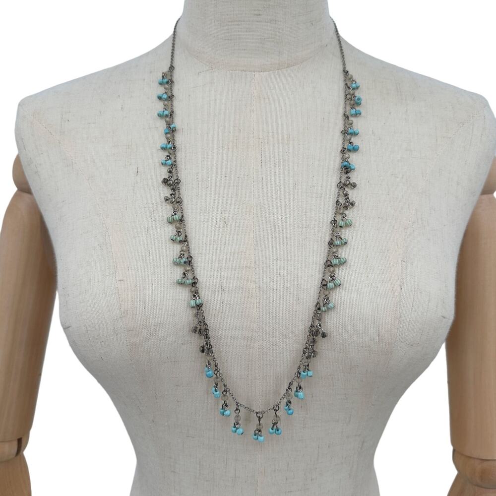 American Eagle Outfitters Long Necklace Aqua Blue Bead Dangles 30 Inch